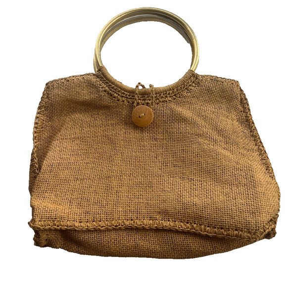 Boho Handmade Paper Bag Vintage 70s Tote Bag Beach Picnic Wood Button Closure - Picture 1 of 12